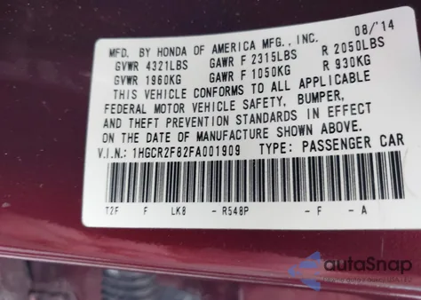 2015 Honda Accord Ex-L z USA, uszkodzony, nr VIN 1HGCR2F82FA001909